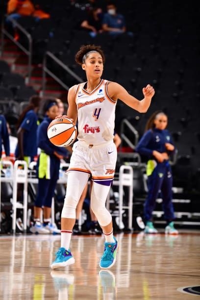 Skylar Diggins-Smith of the Phoenix Mercury calls play during the game against the Dallas Wings on June 8, 2021 at Phoenix Suns Arena in Phoenix,...