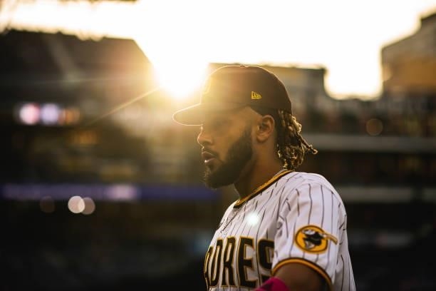 Fernando Tatis Jr of the San Diego Padres walks off the field after warmups before facing the Chicago Cubs at Petco Park on June 8, 2021 in San...