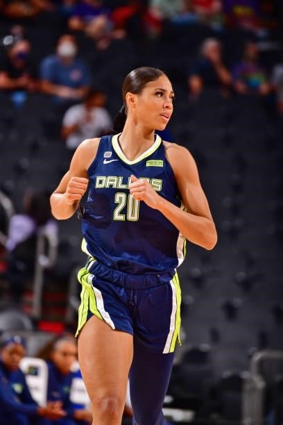 Isabelle Harrison of the Dallas Wings looks on during the game against the Phoenix Mercury on June 8, 2021 at Phoenix Suns Arena in Phoenix, Arizona....