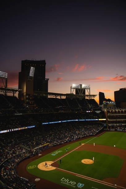 General view of the ballpark as the sun sets as the San Diego Padres face the Chicago Cubs at Petco Park on June 8, 2021 in San Diego, California.