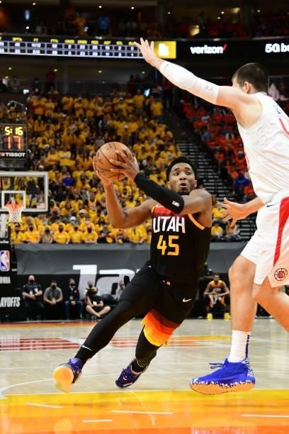 Donovan Mitchell of the Utah Jazz drives to the basket during Round 2, Game 1 of the 2021 NBA Playoffs on June 8, 2021 at vivint.SmartHome Arena in...
