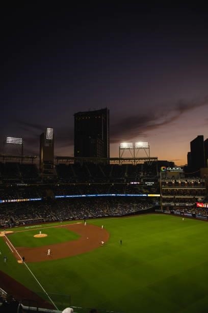 General view of the ballpark as the sun sets as the San Diego Padres face the Chicago Cubs at Petco Park on June 8, 2021 in San Diego, California.