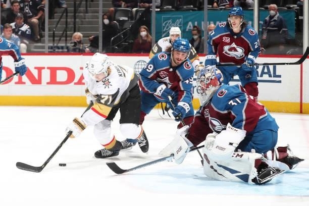 William Karlsson of the Vegas Golden Knights skates in front of goaltender Philipp Grubauer of the Colorado Avalanche in Game Five of the Second...