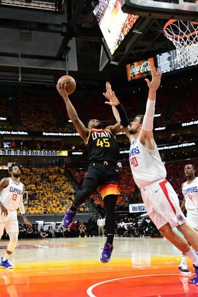 Donovan Mitchell of the Utah Jazz shoots the ball against the LA Clippers during Round 2, Game 1 of the 2021 NBA Playoffs on June 8, 2021 at...