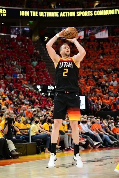Joe Ingles of the Utah Jazz shoots a three point basket during Round 2, Game 1 of the 2021 NBA Playoffs on June 8, 2021 at vivint.SmartHome Arena in...