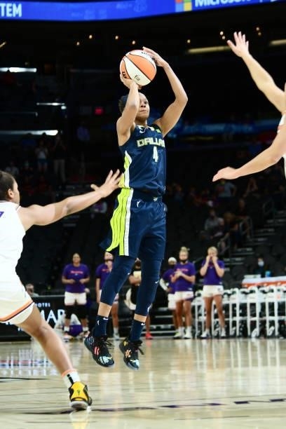Moriah Jefferson of the Dallas Wings shoots the ball against the Phoenix Mercury on June 8, 2021 at Phoenix Suns Arena in Phoenix, Arizona. NOTE TO...