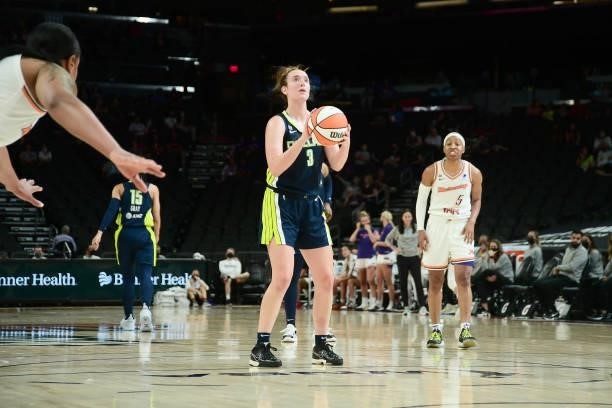 Marina Mabrey of the Dallas Wings prepares to shoot a free throw against the Phoenix Mercury on June 8, 2021 at Phoenix Suns Arena in Phoenix,...