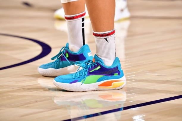 The sneakers worn by Skylar Diggins-Smith of the Phoenix Mercury during the game against the Dallas Wings on June 8, 2021 at Phoenix Suns Arena in...