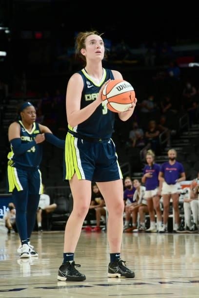 Marina Mabrey of the Dallas Wings prepares to shoot a free throw against the Phoenix Mercury on June 8, 2021 at Phoenix Suns Arena in Phoenix,...