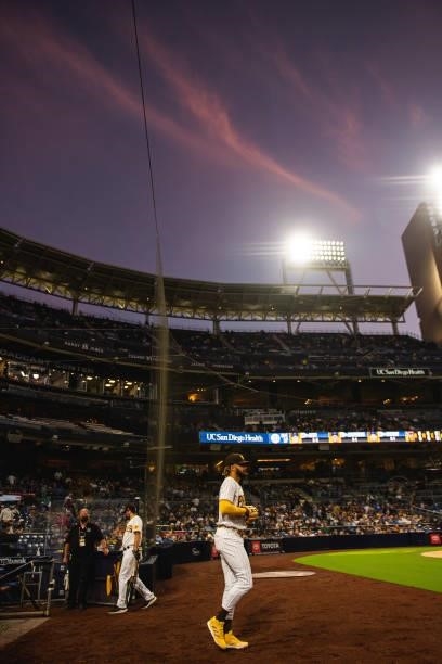 Fernando Tatis Jr. #23 of the San Diego Padres takes the field in the fourth inning against the Chicago Cubs at Petco Park on June 8, 2021 in San...