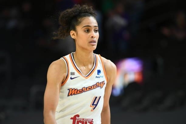 Skylar Diggins-Smith of the Phoenix Mercury looks on during the game against the Dallas Wings on June 8, 2021 at Phoenix Suns Arena in Phoenix,...