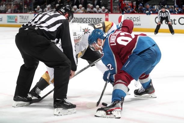 Gabriel Landeskog of the Colorado Avalanche faces off against Nicolas Roy of the Vegas Golden Knights in Game Five of the Second Round of the 2021...