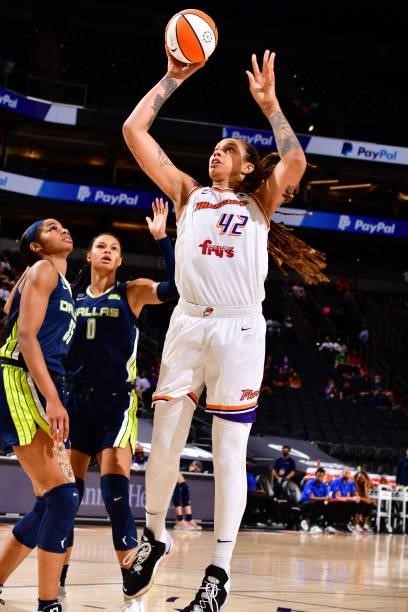Brittney Griner of the Phoenix Mercury shoots the ball against the Dallas Wings on June 8, 2021 at Phoenix Suns Arena in Phoenix, Arizona. NOTE TO...