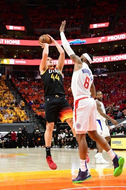 Bojan Bogdanovic of the Utah Jazz shoots the ball against the LA Clippers during Round 2, Game 1 of the 2021 NBA Playoffs on June 8, 2021 at...