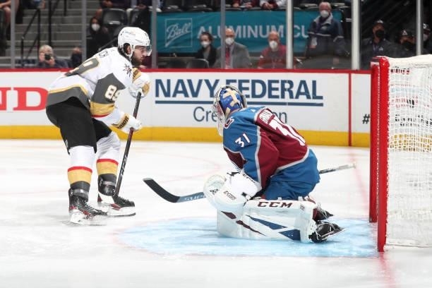 Alex Tuch of the Vegas Golden Knights shoots and scores against goaltender Philipp Grubauer of the Colorado Avalanche in Game Five of the Second...