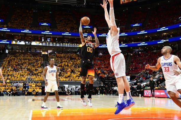 Jordan Clarkson of the Utah Jazz shoots the ball against the LA Clippers during Round 2, Game 1 of the 2021 NBA Playoffs on June 8, 2021 at...