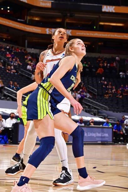 Bella Alarie of the Dallas Wings fights for rebound against the Phoenix Mercury on June 8, 2021 at Phoenix Suns Arena in Phoenix, Arizona. NOTE TO...