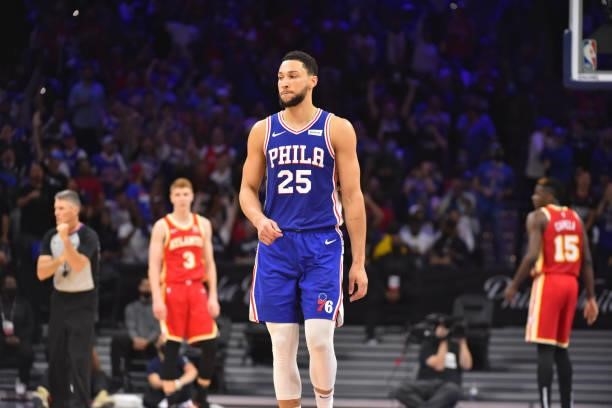 Ben Simmons of the Philadelphia 76ers looks on during a game against the Atlanta Hawks during Round 2, Game 2 of the Eastern Conference Playoffs on...
