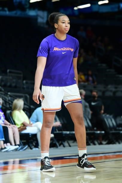 Megan Walker of the Phoenix Mercury looks on before the game against the Dallas Wings on June 8, 2021 at Phoenix Suns Arena in Phoenix, Arizona. NOTE...