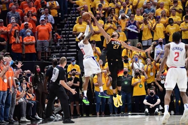 Rudy Gobert of the Utah Jazz blocks the ball to win the game against the LA Clippers during Round 2, Game 1 of the 2021 NBA Playoffs on June 8, 2021...