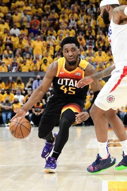 Donovan Mitchell of the Utah Jazz dribbles the ball during Round 2, Game 1 of the 2021 NBA Playoffs on June 8, 2021 at vivint.SmartHome Arena in Salt...