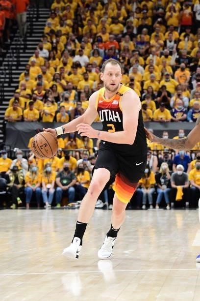 Joe Ingles of the Utah Jazz dribbles the ball during Round 2, Game 1 of the 2021 NBA Playoffs on June 8, 2021 at vivint.SmartHome Arena in Salt Lake...