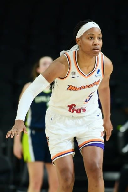 Shey Peddy of the Phoenix Mercury looks on during the game against the Dallas Wings on June 8, 2021 at Phoenix Suns Arena in Phoenix, Arizona. NOTE...
