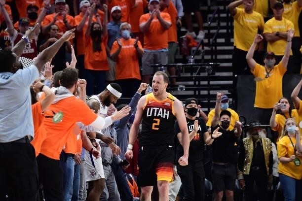Joe Ingles of the Utah Jazz celebrates during Round 2, Game 1 of the 2021 NBA Playoffs on June 8, 2021 at vivint.SmartHome Arena in Salt Lake City,...