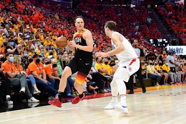 Bojan Bogdanovic of the Utah Jazz dribbles the ball during Round 2, Game 1 of the 2021 NBA Playoffs on June 8, 2021 at vivint.SmartHome Arena in Salt...