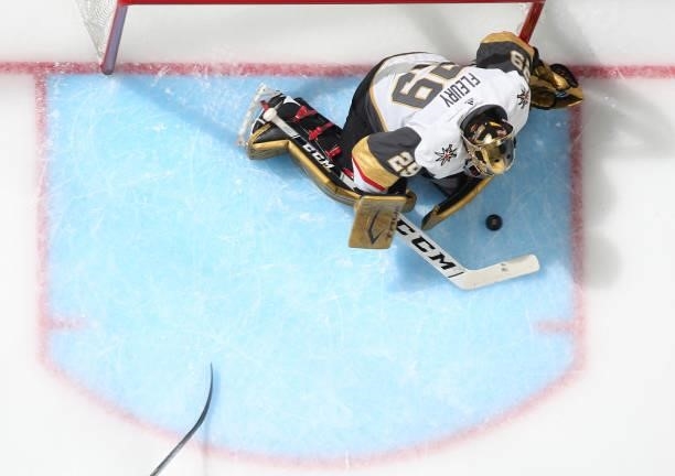 Goaltender Marc-Andre Fleury of the Vegas Golden Knights makes a save against the Colorado Avalanche in Game Five of the Second Round of the 2021...