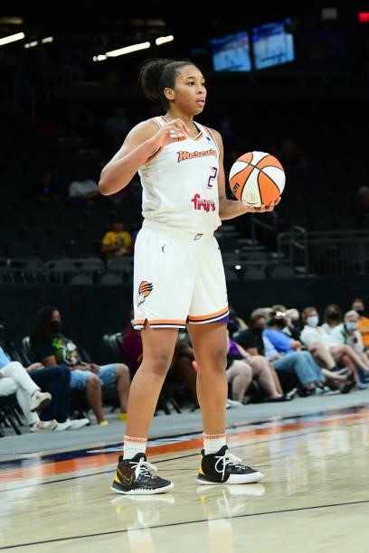 Megan Walker of the Phoenix Mercury handles the ball against the Dallas Wings on June 8, 2021 at Phoenix Suns Arena in Phoenix, Arizona. NOTE TO...