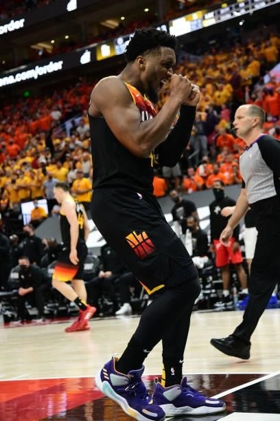 Donovan Mitchell of the Utah Jazz celebrates during Round 2, Game 1 of the 2021 NBA Playoffs on June 8, 2021 at vivint.SmartHome Arena in Salt Lake...