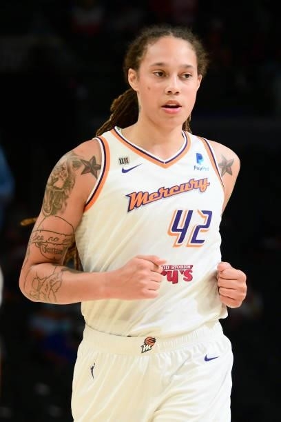 Brittney Griner of the Phoenix Mercury looks on during the game against the Dallas Wings on June 8, 2021 at Phoenix Suns Arena in Phoenix, Arizona....
