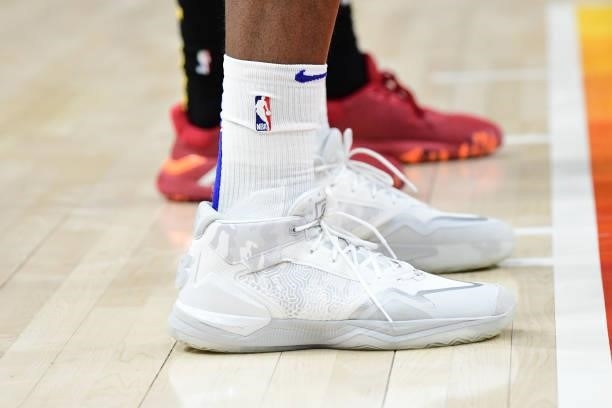 The sneakers of Kawhi Leonard of the LA Clippers during Round 2, Game 1 of the 2021 NBA Playoffs on June 8, 2021 at vivint.SmartHome Arena in Salt...