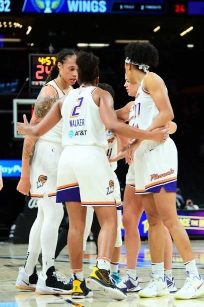 The Phoenix Mercury huddle up during the game against the Dallas Wings on June 8, 2021 at Phoenix Suns Arena in Phoenix, Arizona. NOTE TO USER: User...