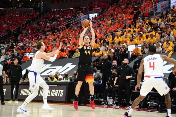 Bojan Bogdanovic of the Utah Jazz shoots a three point basket during Round 2, Game 1 of the 2021 NBA Playoffs on June 8, 2021 at vivint.SmartHome...