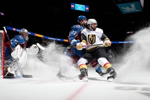 Conor Timmins of the Colorado Avalanche skates against Alex Tuch of the Vegas Golden Knights in Game Five of the Second Round of the 2021 Stanley Cup...