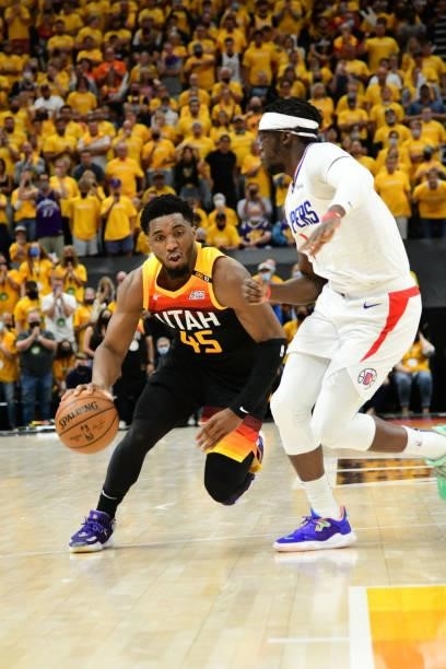 Reggie Jackson of the LA Clippers plays defense on Donovan Mitchell of the Utah Jazz during Round 2, Game 1 of the 2021 NBA Playoffs on June 8, 2021...