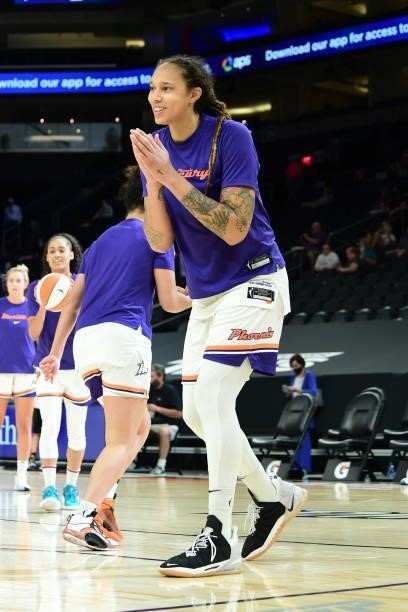 Brittney Griner of the Phoenix Mercury smiles before the game against the Dallas Wings on June 8, 2021 at Phoenix Suns Arena in Phoenix, Arizona....