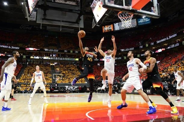 Donovan Mitchell of the Utah Jazz shoots the ball against the LA Clippers during Round 2, Game 1 of the 2021 NBA Playoffs on June 8, 2021 at...