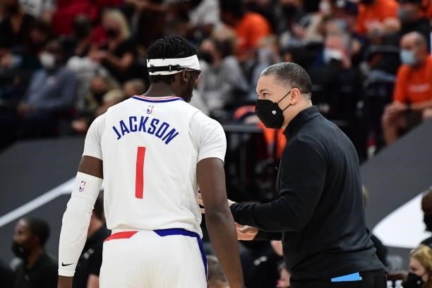 Head Coach Tyronn Lue of the Los Angeles Clippers talks with Reggie Jackson during Round 2, Game 1 of the 2021 NBA Playoffs on June 8, 2021 at...