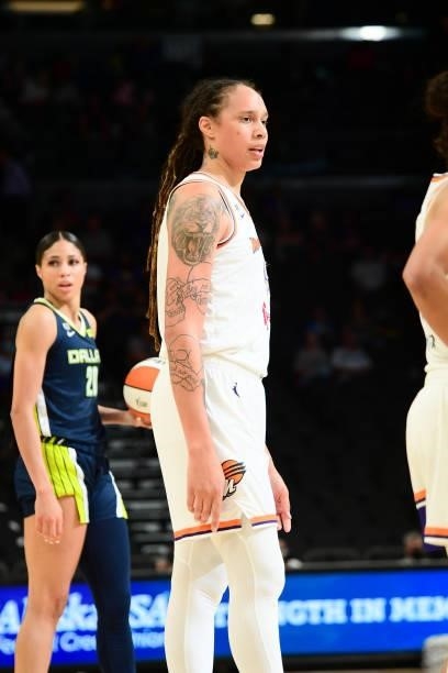 Brittney Griner of the Phoenix Mercury looks on during the game against the Dallas Wings on June 8, 2021 at Phoenix Suns Arena in Phoenix, Arizona....