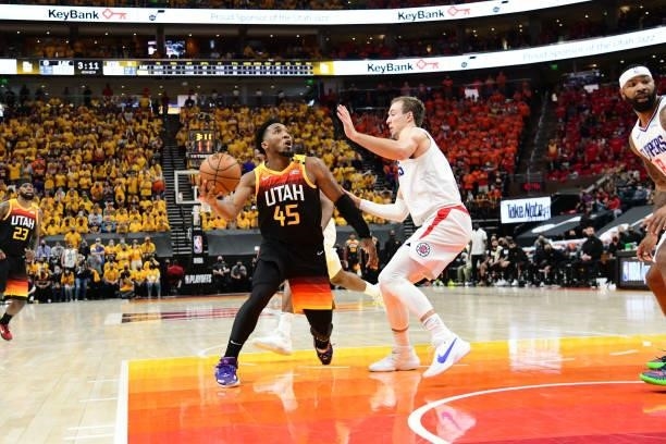 Donovan Mitchell of the Utah Jazz drives to the basket during Round 2, Game 1 of the 2021 NBA Playoffs on June 8, 2021 at vivint.SmartHome Arena in...