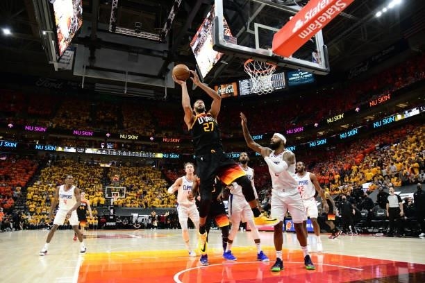 Rudy Gobert of the Utah Jazz shoots the ball against the LA Clippers during Round 2, Game 1 of the 2021 NBA Playoffs on June 8, 2021 at...