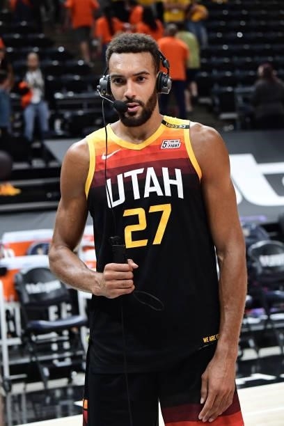 Rudy Gobert of the Utah Jazz is interviewed after the game against the LA Clippers during Round 2, Game 1 of the 2021 NBA Playoffs on June 8, 2021 at...