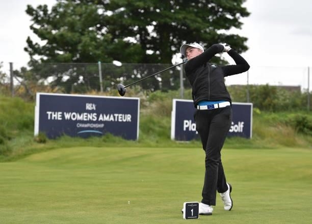 Hannah Darling tees off during Day Three of the R&A Womens Amateur Championship at Kilmarnock Golf Club on June 9, 2021 in Kilmarnock, Scotland.