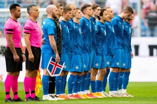 Line up of Iceland prior to the international friendly match between Poland and Iceland at Stadion Miejski on June 8, 2021 in Poznan, Poland.