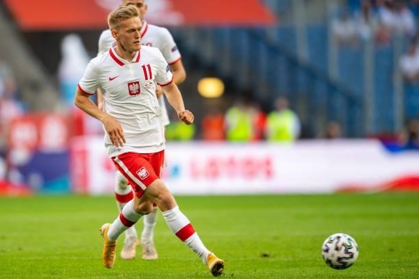 Karol Swiderski of Poland controls the ball during the international friendly match between Poland and Iceland at Stadion Miejski on June 8, 2021 in...
