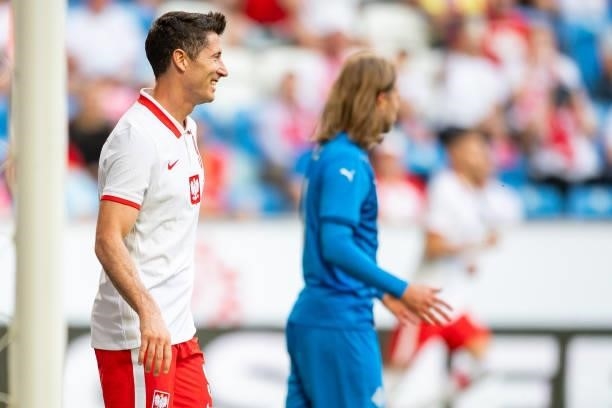 Robert Lewandowski of Poland looks on during the international friendly match between Poland and Iceland at Stadion Miejski on June 8, 2021 in...
