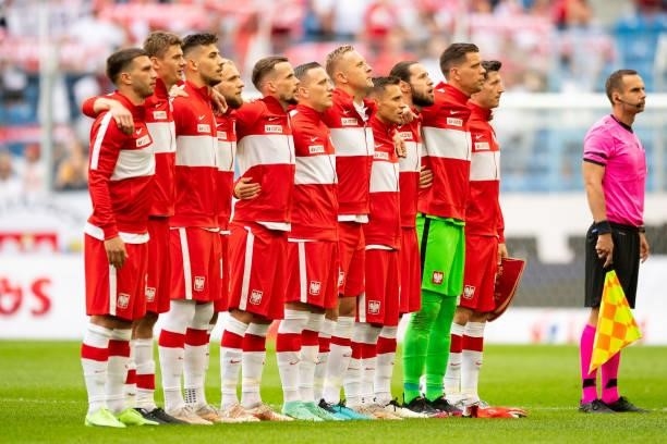 Line up of Poland prior to the international friendly match between Poland and Iceland at Stadion Miejski on June 8, 2021 in Poznan, Poland.
